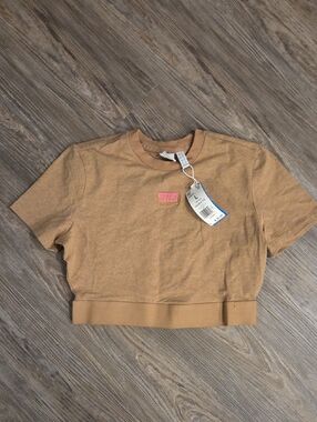 adidas Women's Crop Top in Tan with Pink Logo Patch